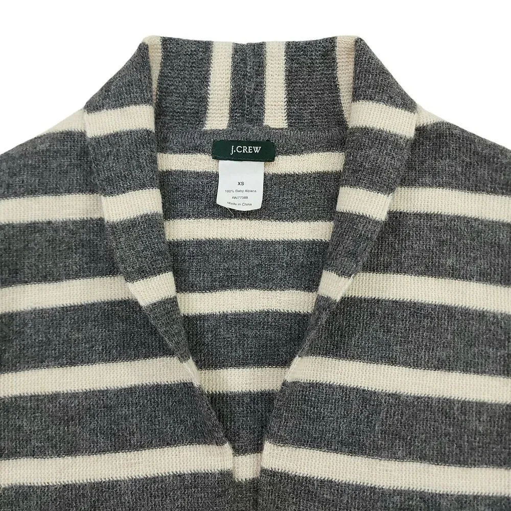 J Crew Sweater Womens XS Gray Striped Baby Alpaca Shawl Collar Knit Travel